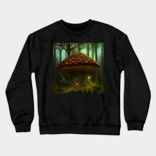 Magical Big Cottage Mushroom House with Lights in Forest with High Trees, Mushroom Aesthetic Crewneck Sweatshirt